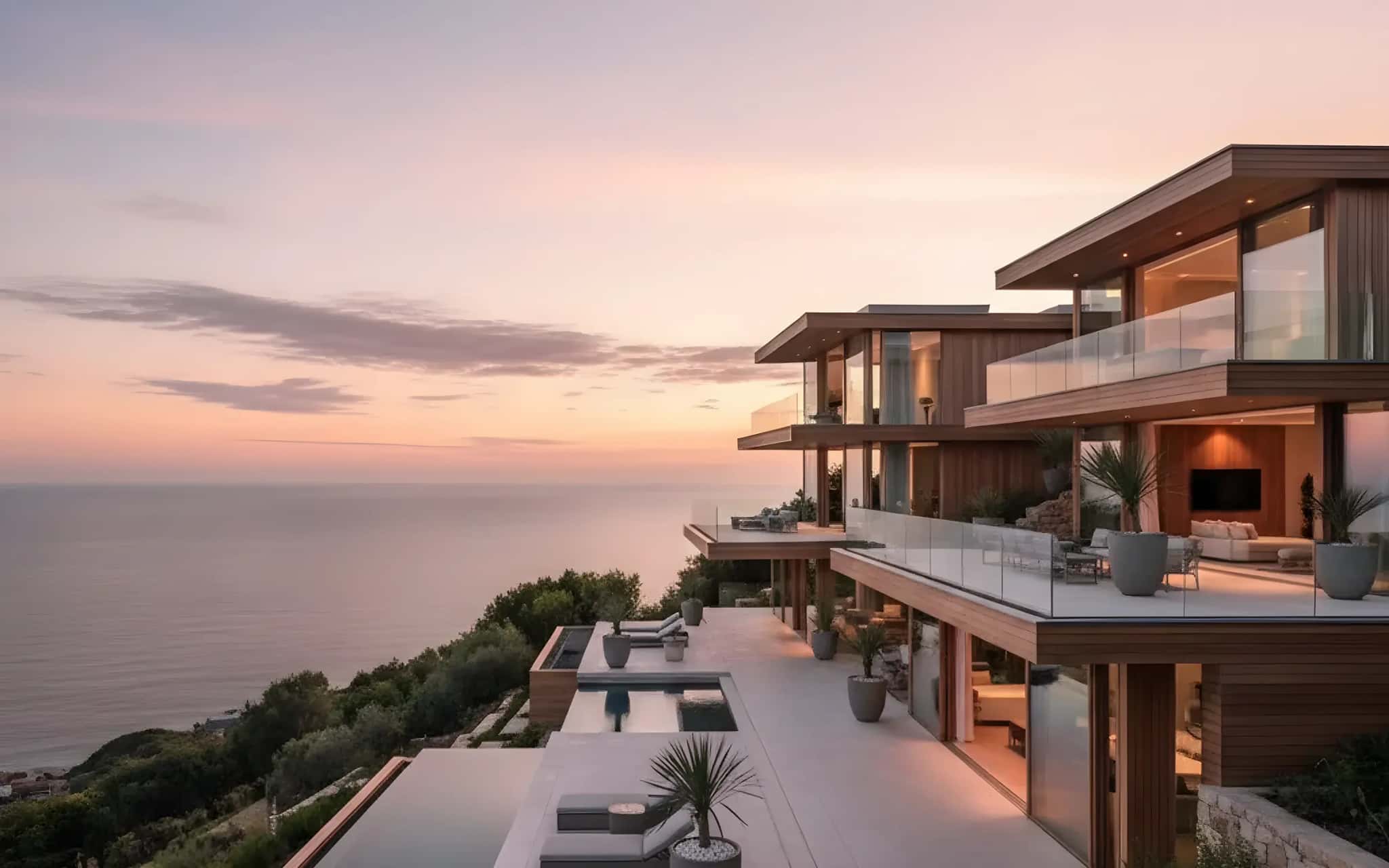 Luxury modern villa at sunset overlooking an infinity pool