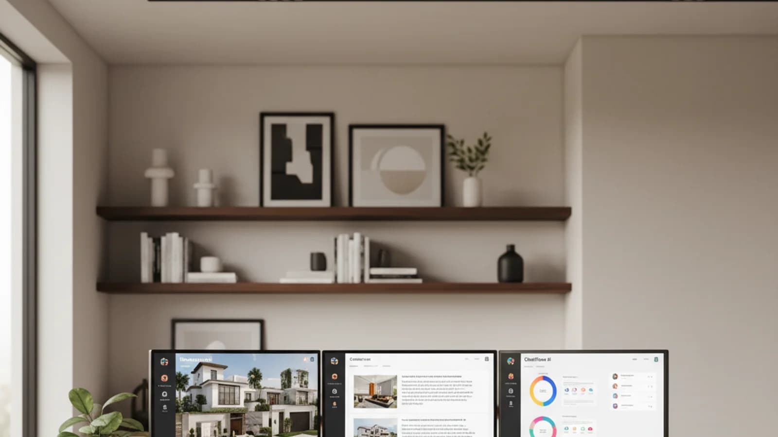Modern real estate agent workspace with AI tools across visuals, writing, and marketing