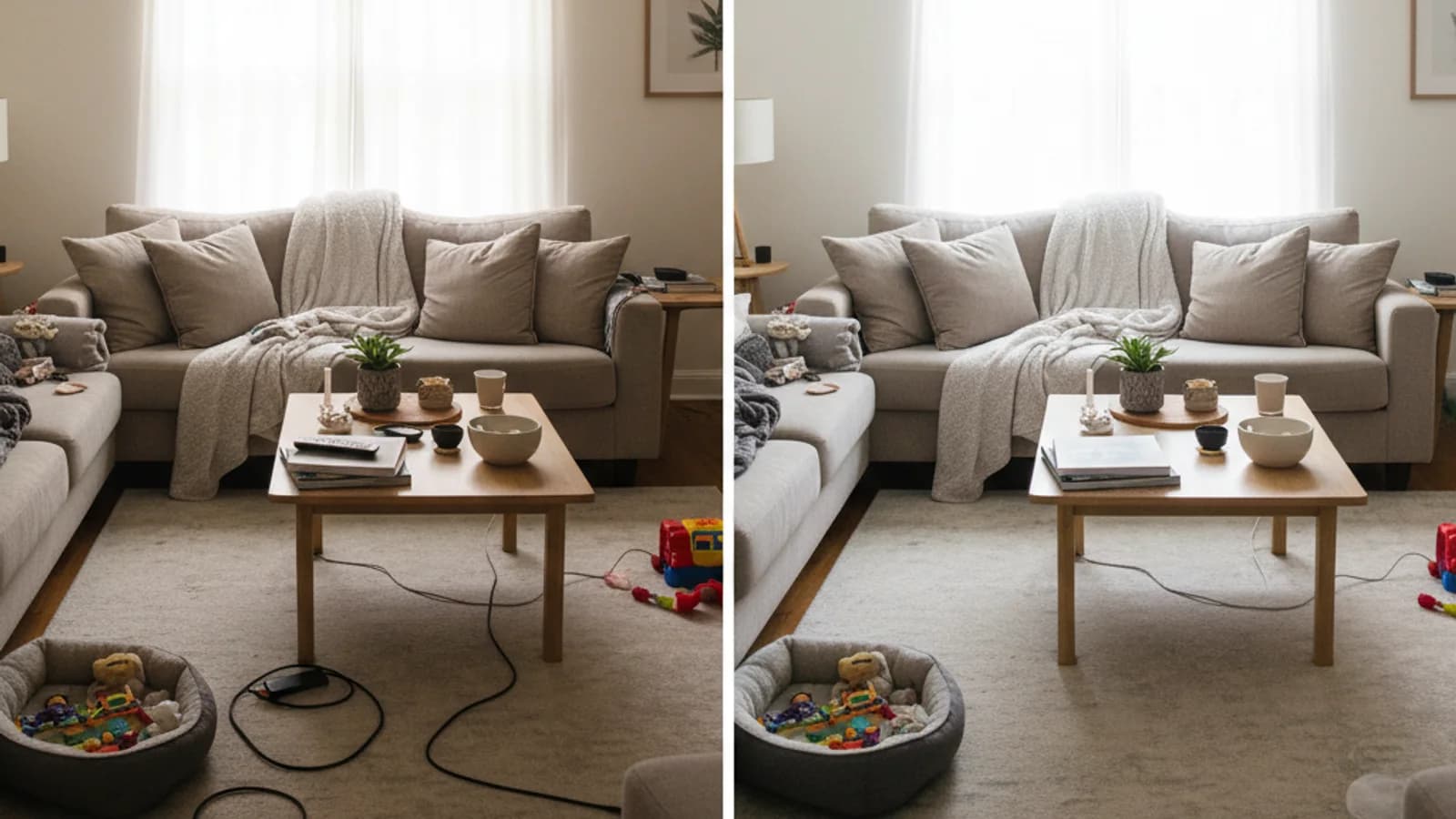 Occupied living room shown in a cleaner, listing-ready comparison workflow