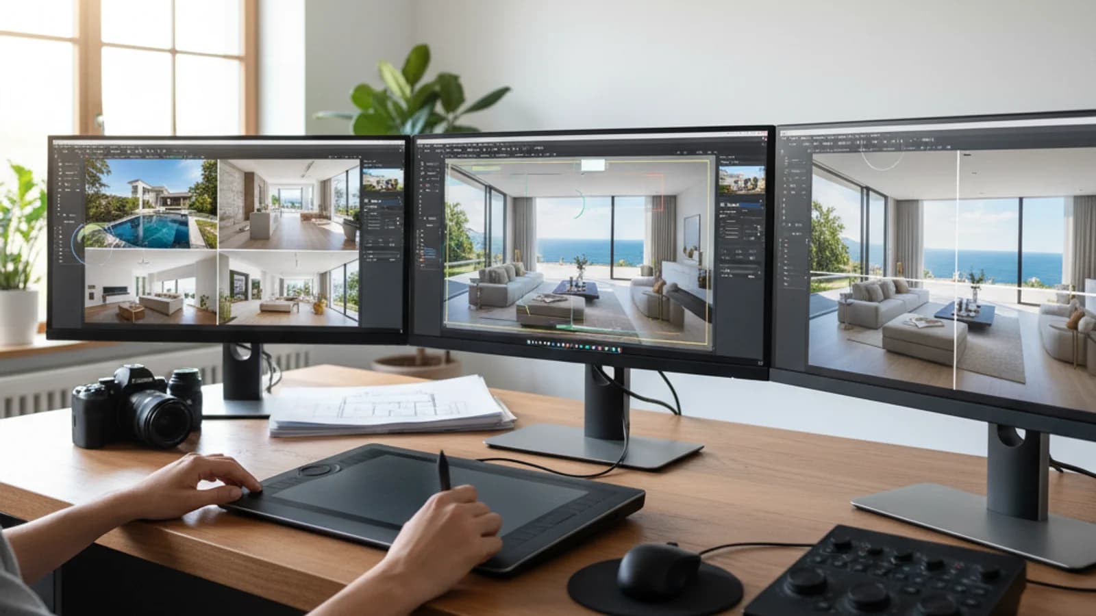 Real estate photographer using an AI-assisted editing workflow for listing delivery