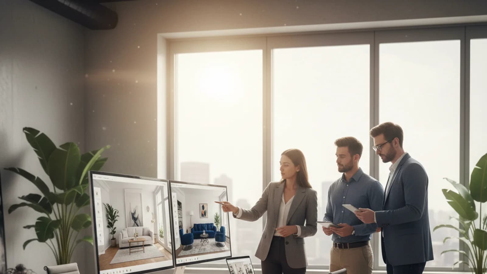 Real estate team comparing virtual staging software options on a premium dashboard setup