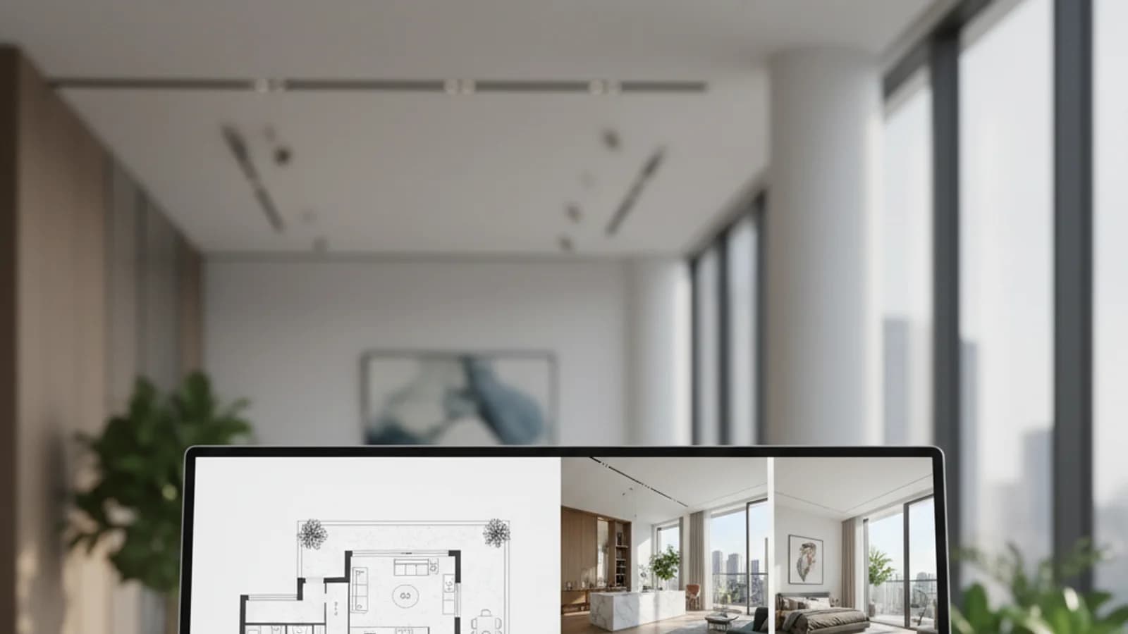 Buyer reviewing a modern property floor plan alongside listing photography