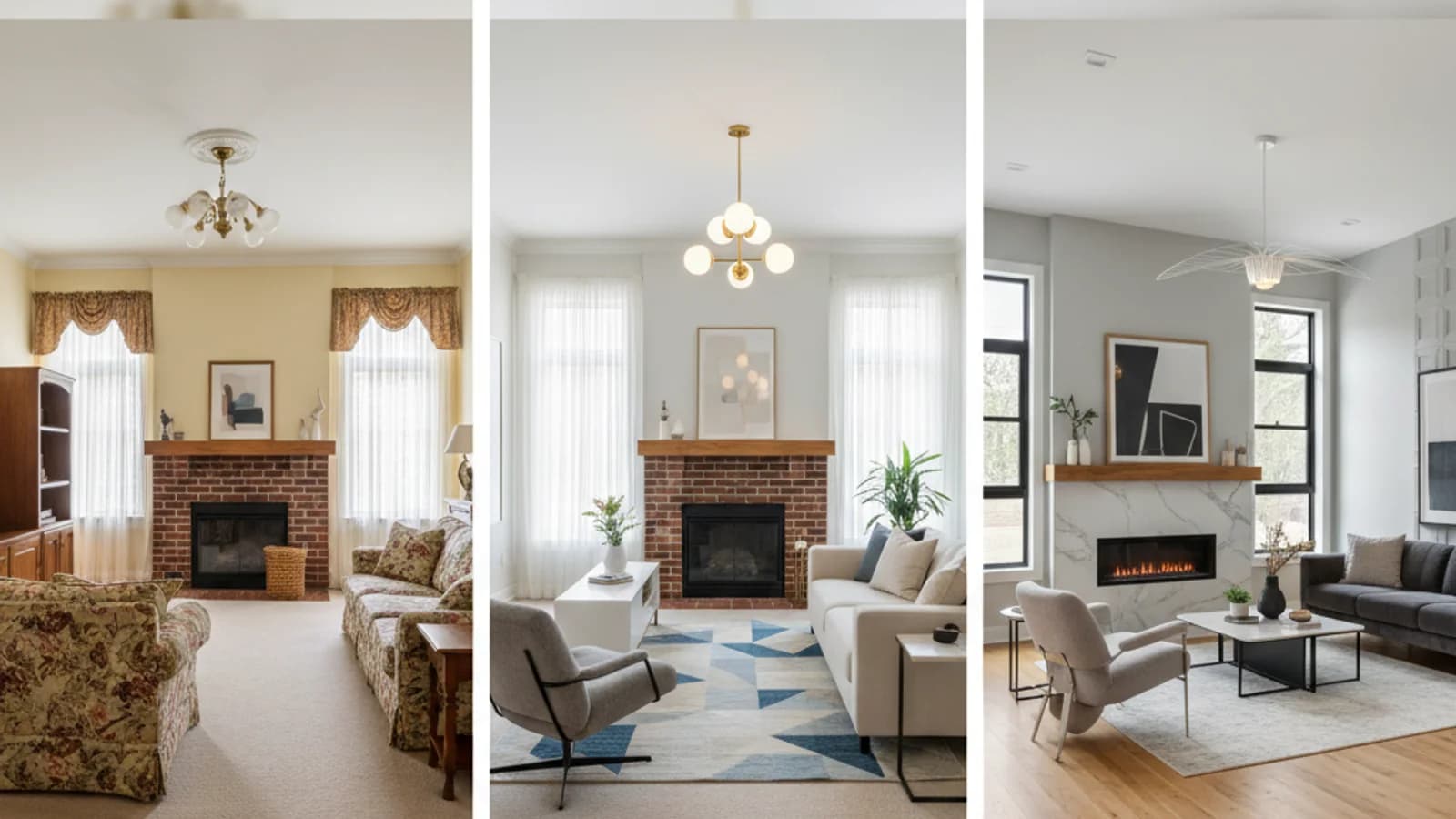 Dated interior shown in a comparison between staged and renovated visual concepts