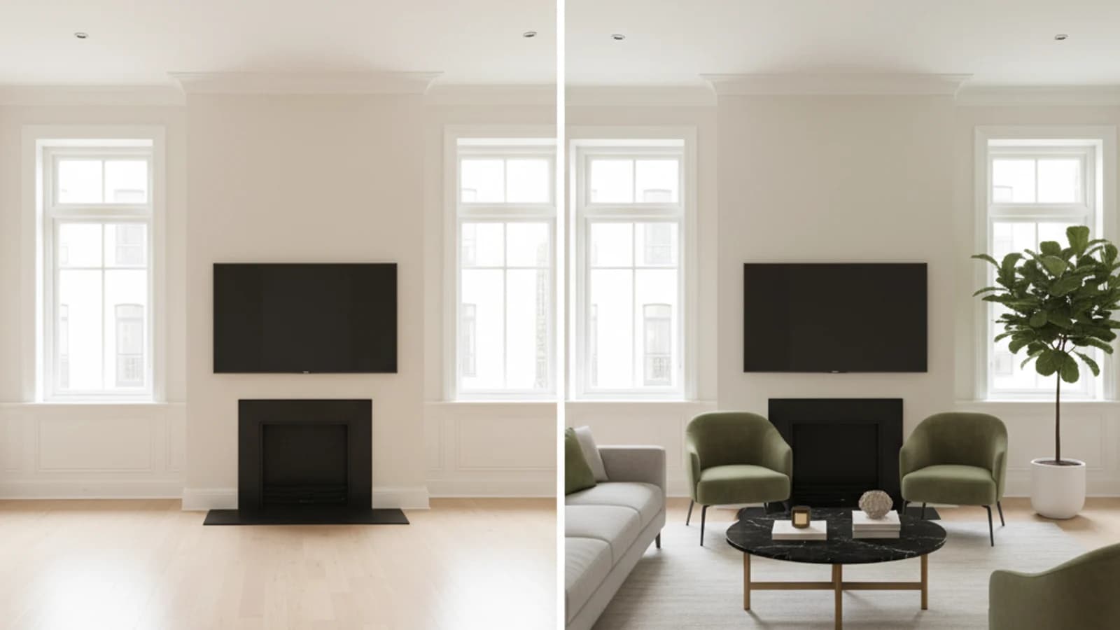 Empty living room shown alongside a virtually staged version for a listing comparison