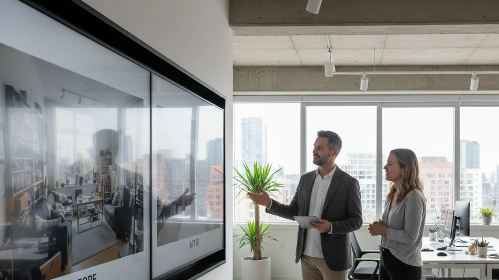 Fotograf überprüft einen unaufgeräumten Raum und eine digital entrümpelte Inseratsversion