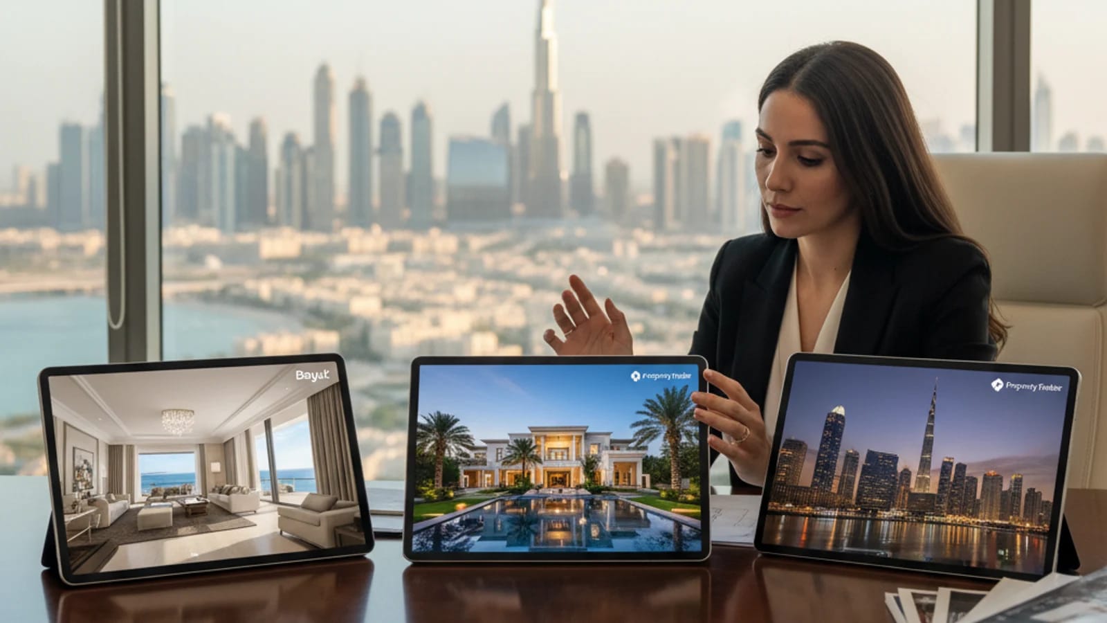 Dubai agent reviewing exterior, skyline, and interior frames for a portal listing