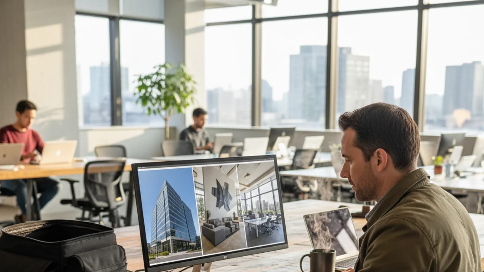 Fotograf som granskar kommersiella fastighetsfoton av fasad, lobby och inre cirkulation