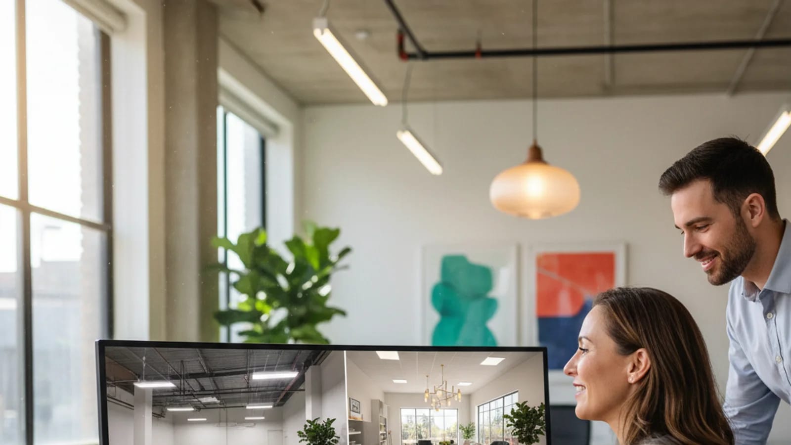 Makler vergleicht leere Einzelhandelsfläche mit einer gestageten Merchandising-Vorschau