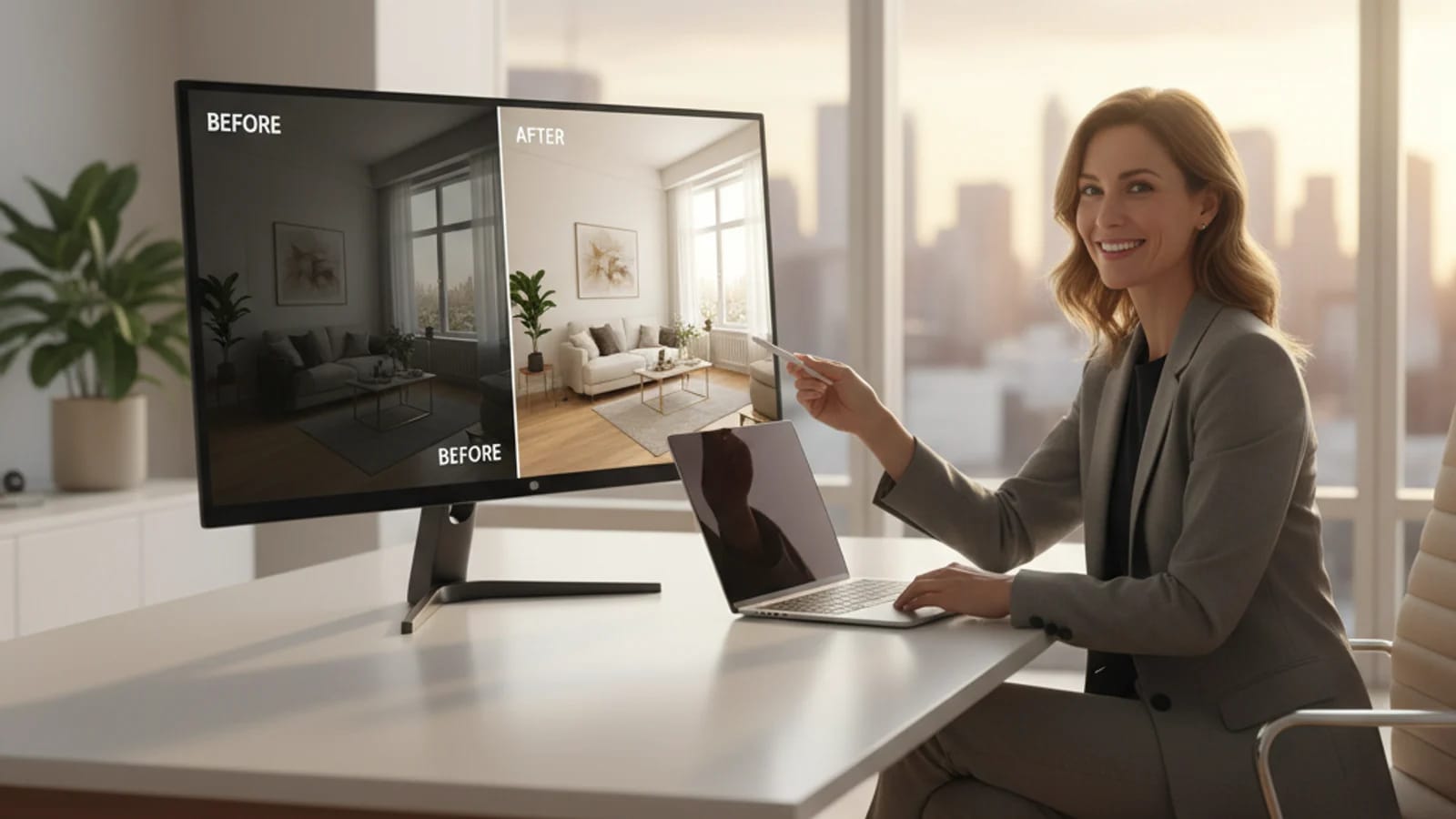 Agent reviewing a before and after editing comparison for a residential interior photo