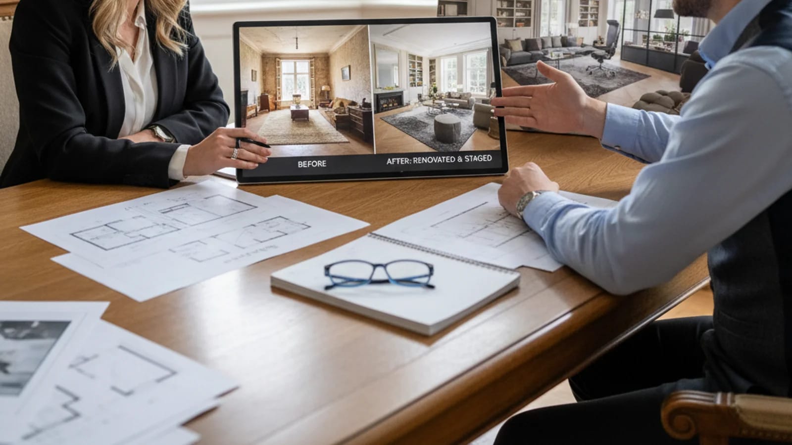 Agent reviewing visual options for a dated property including enhancement, staging, and renovation concepts