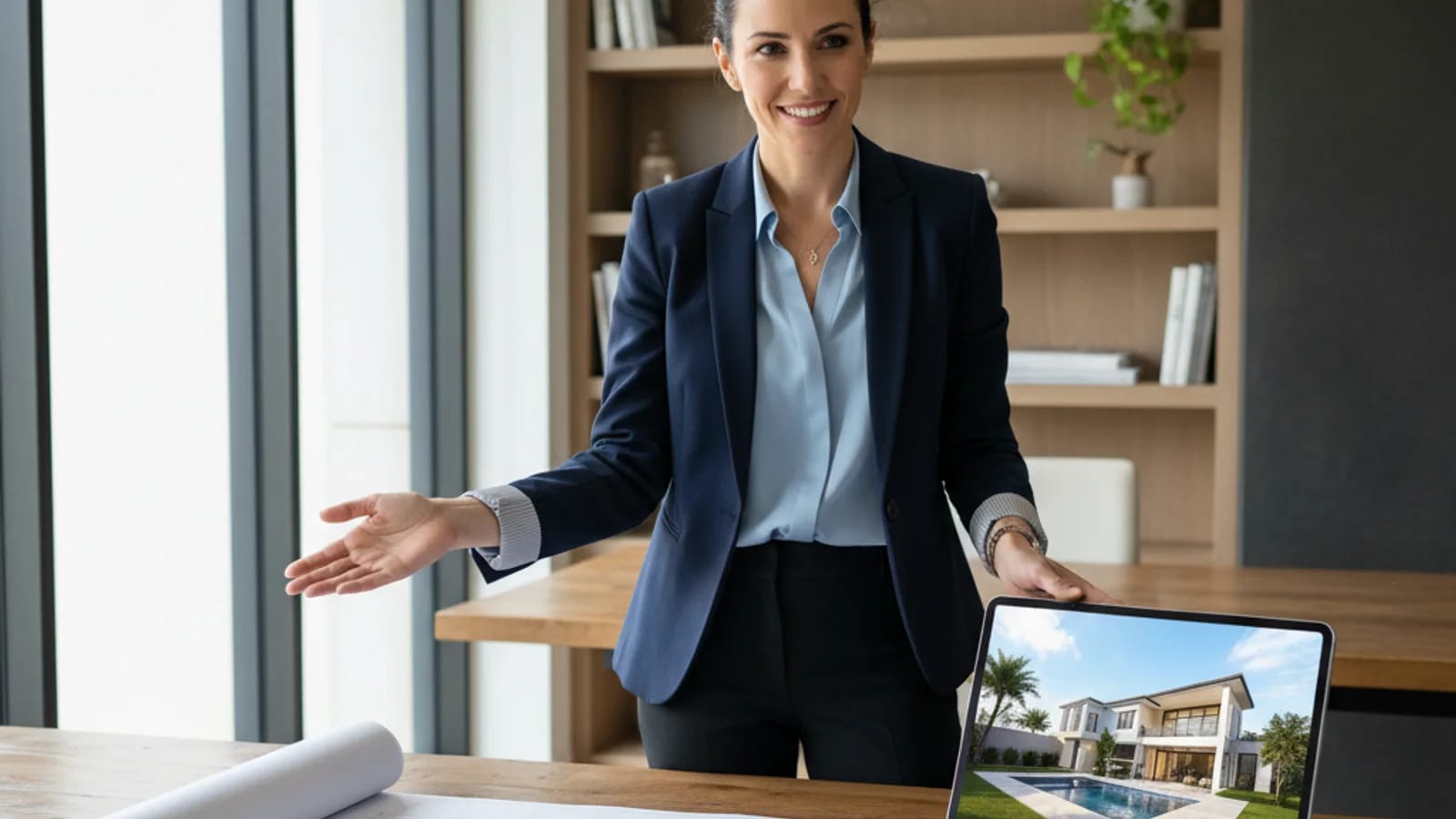 Agent presenting a floor plan and photo gallery together in a seller meeting