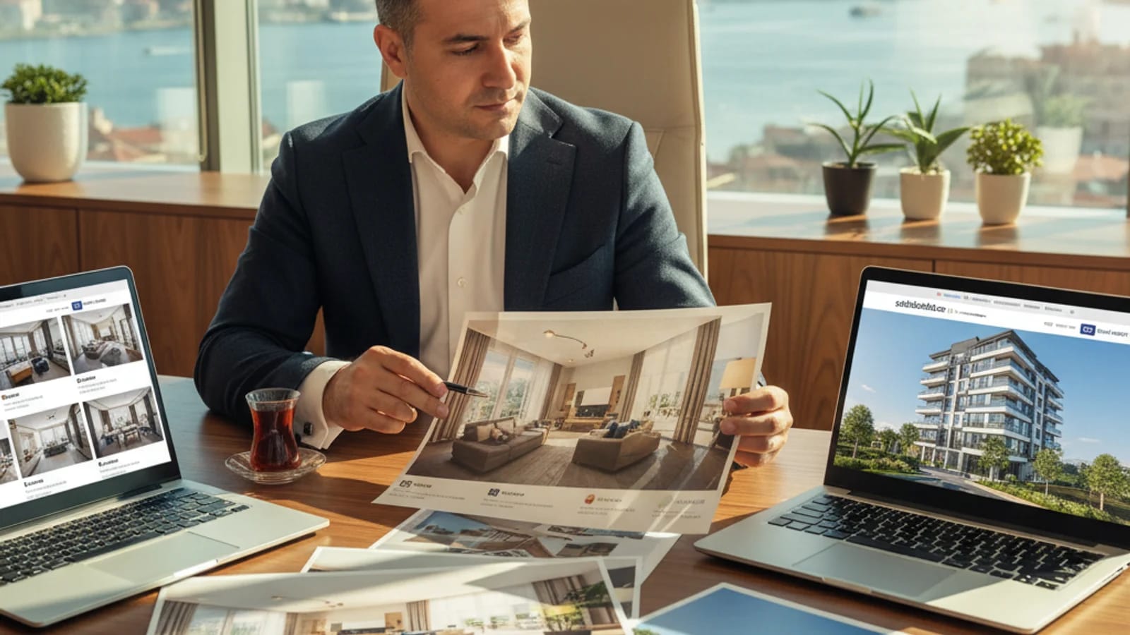 وسيط عقاري يراجع صور الشقة والشرفة والصالة للمنصات العقارية التركية