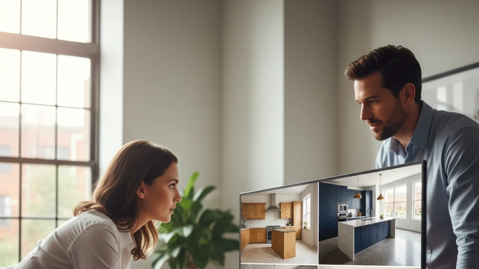 Mäklare som jämför ett möblerat koncept med ett moderniserat renoveringskoncept för ett föråldrat rum