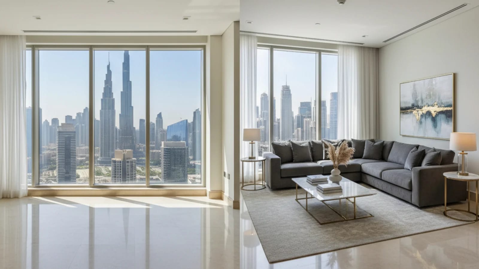 Dubai makelaar vergelijkt lege unit met gestaged luxe preview