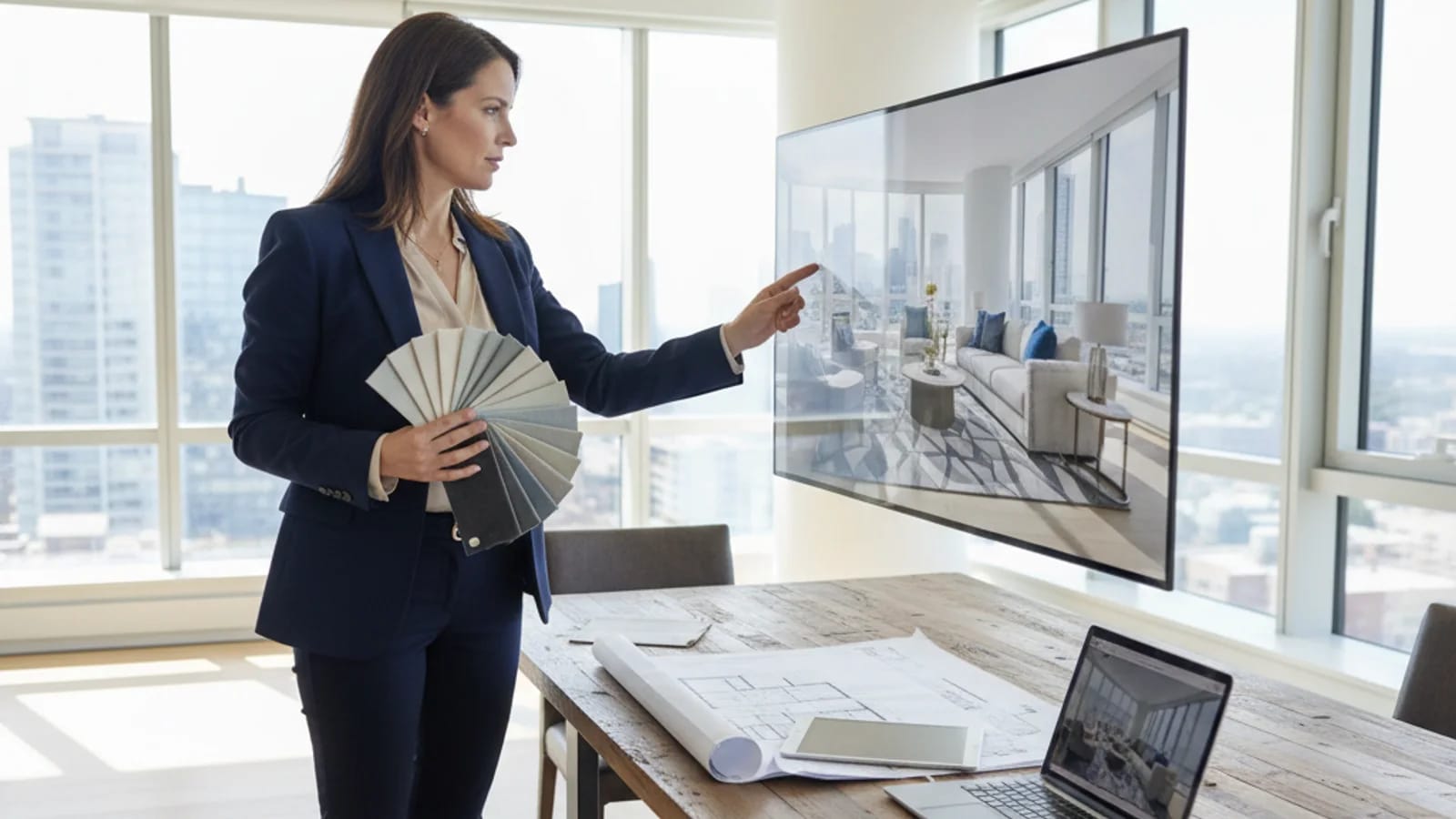 Makelaar die fysieke stagingvoorbeelden vergelijkt met digitale stagingvoorvertoningen