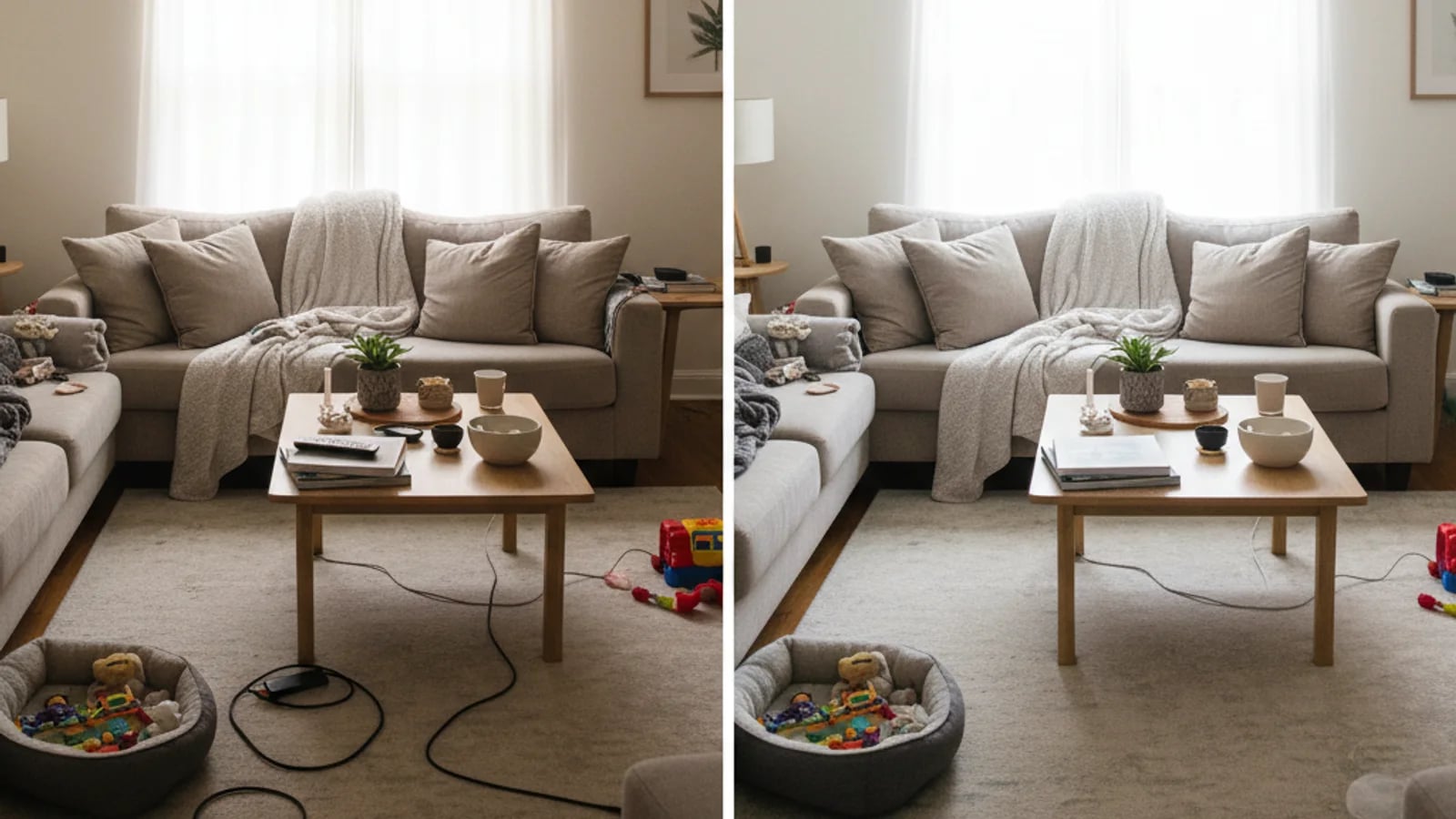 Bewohntes Wohnzimmer in einem saubereren, inseratsfähigen Vergleichs-Workflow dargestellt