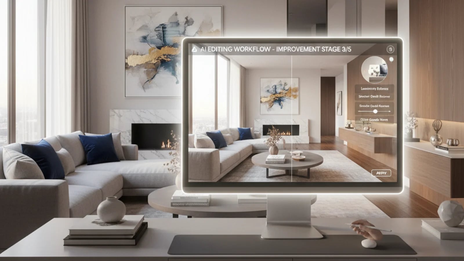 Immobilienfotograf und Makler, die KI-verbesserte Immobilienvisuals in einem Premium-Listing-Workflow nutzen