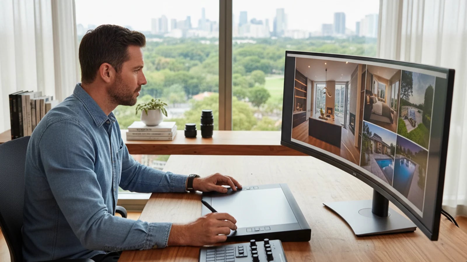 Fotografo immobiliare che esamina gli output del software di editing su un grande monitor