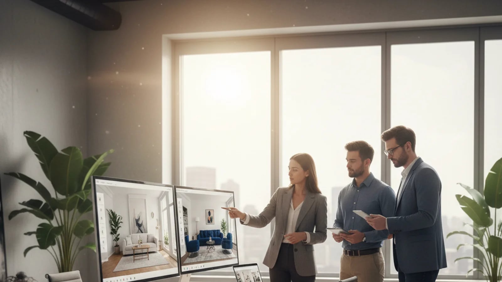 Onroerendgoedteam vergelijkt opties voor virtual staging software op een premium dashboardsetup