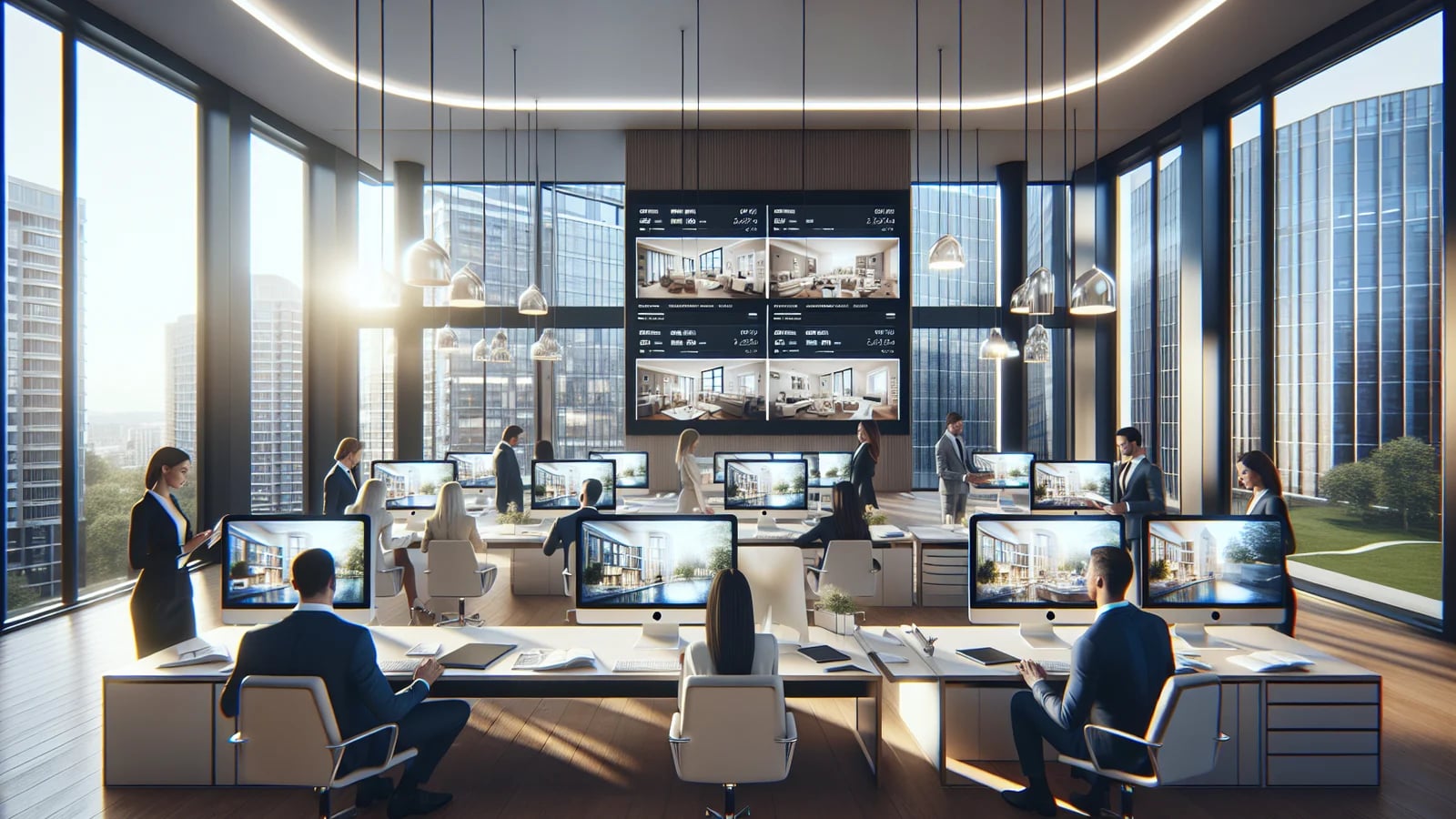 Real estate team reviewing a batch of polished listing visuals in a modern brokerage office