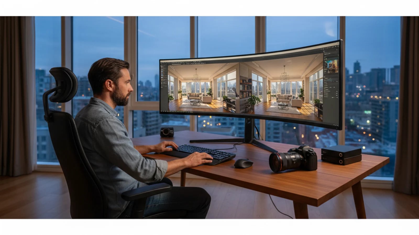 Real estate photographer editing listing images with careful brightness and perspective correction