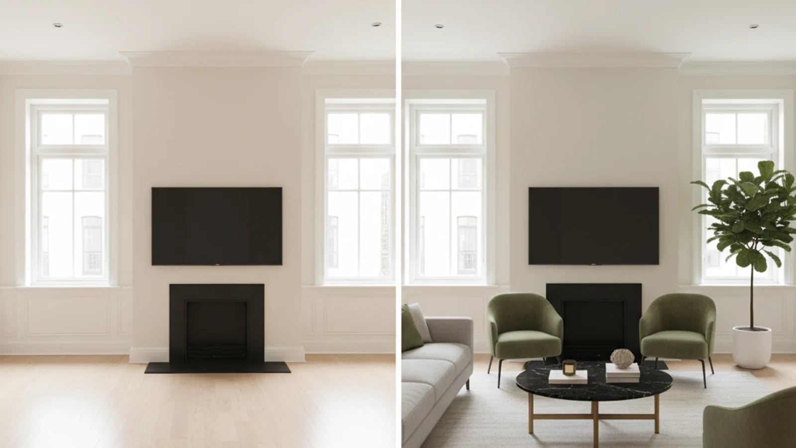 Soggiorno vuoto mostrato accanto a una versione virtualmente allestita per un confronto di annuncio