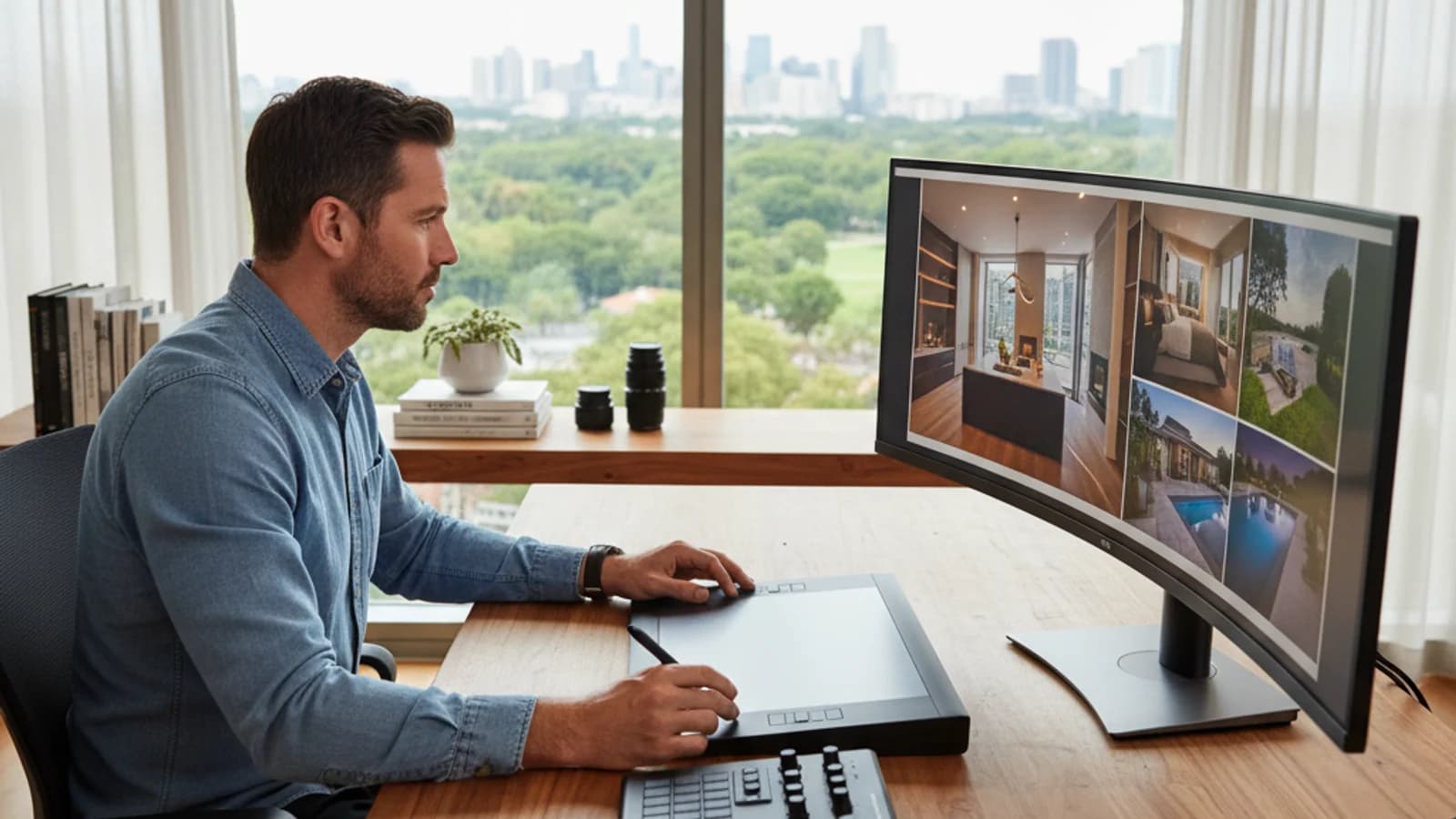 Real estate photographer reviewing editing software outputs on a large monitor