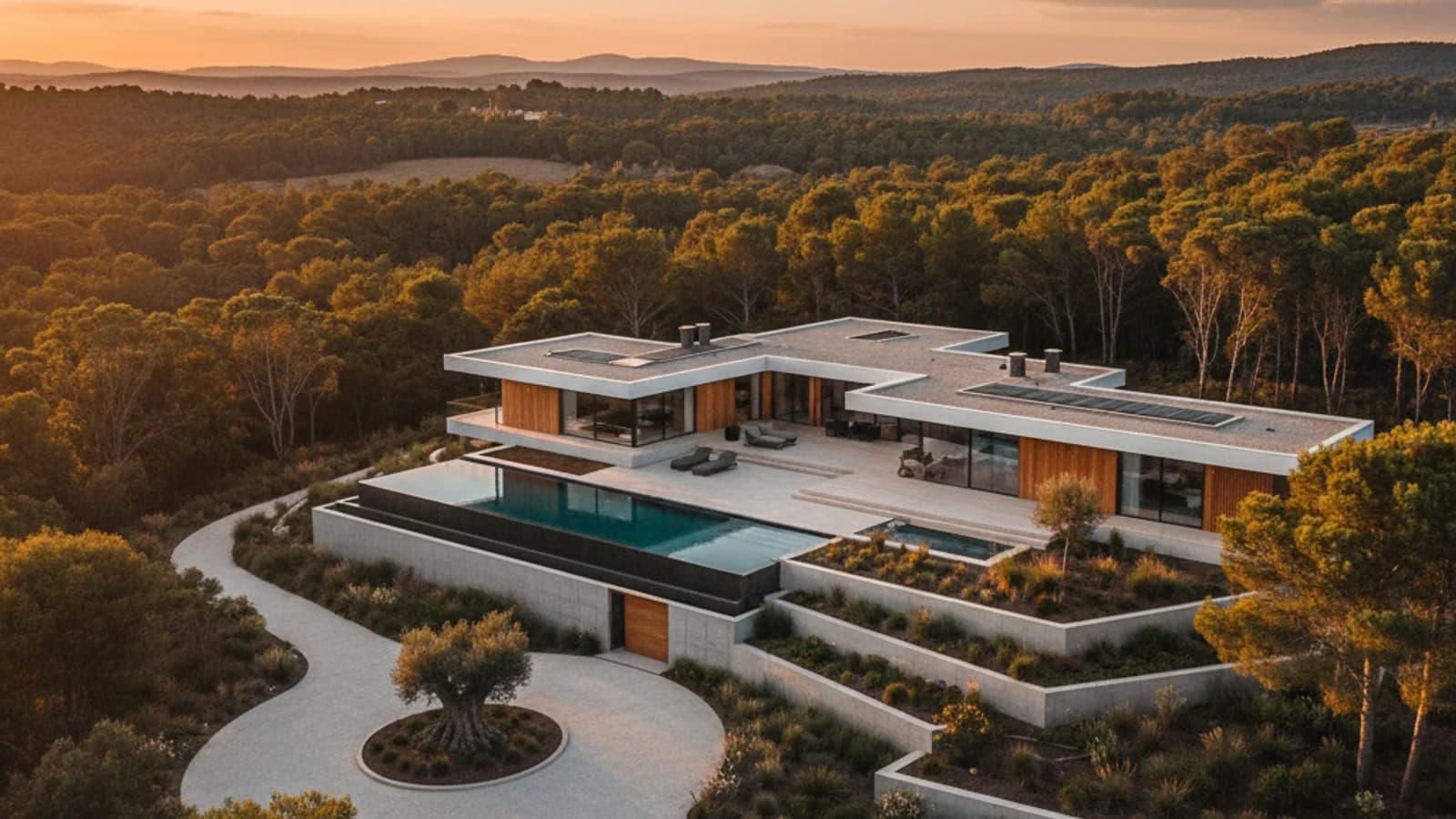 Aerial drone shot of a modern luxury villa with pool and landscaped garden at golden hour
