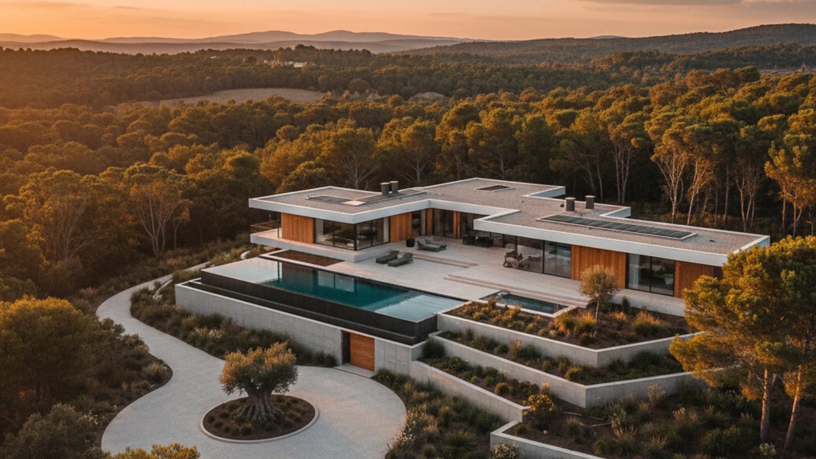 Aerial drone shot of a modern luxury villa with pool and landscaped garden at golden hour