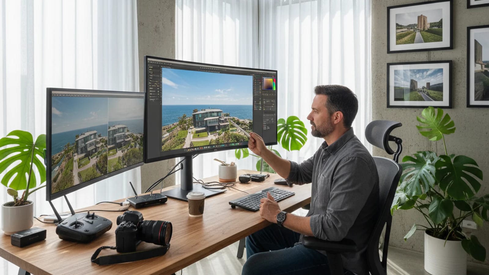 Real estate photographer reviewing aerial drone images on a large monitor with sky replacement editing software