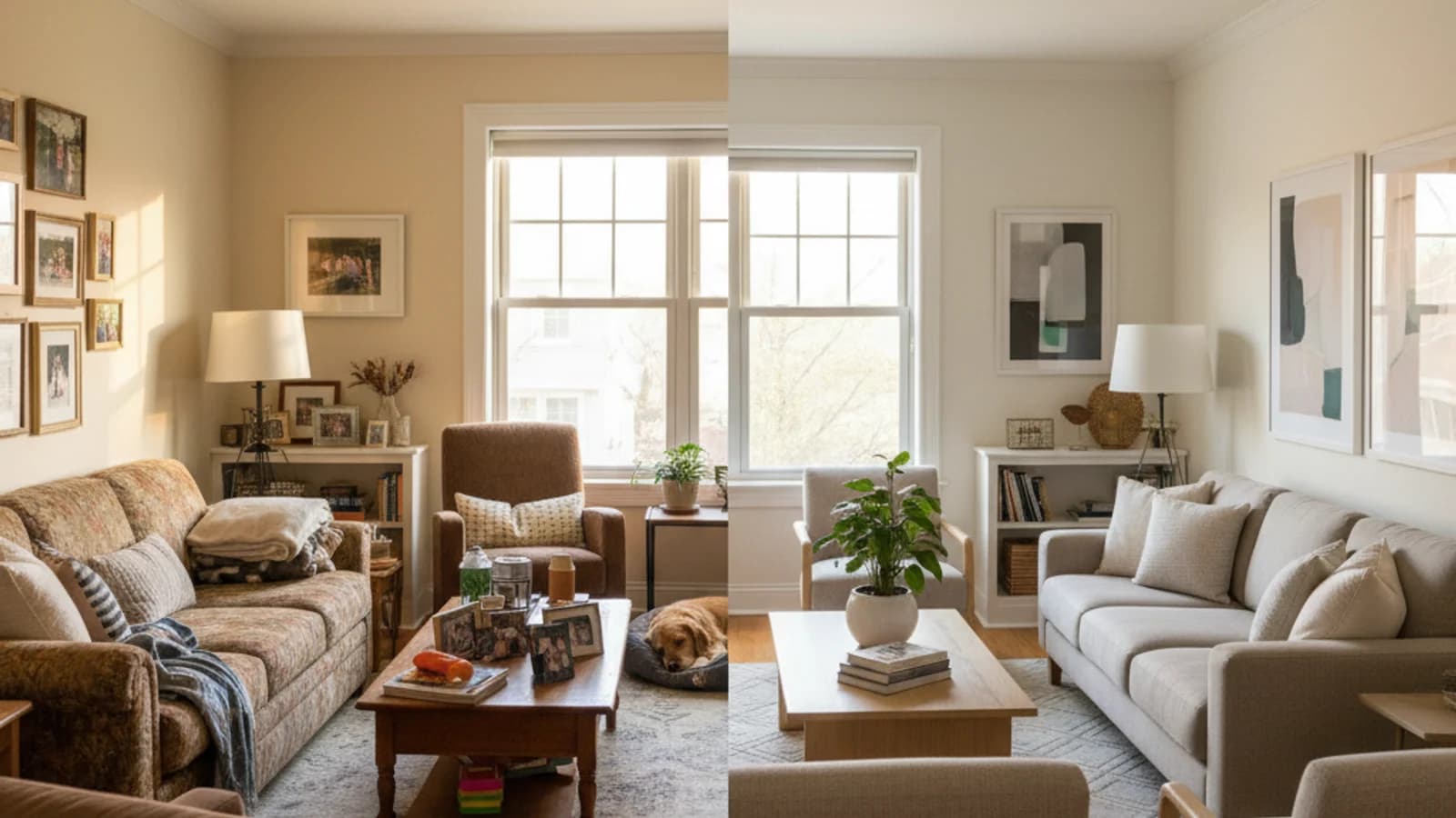 Side-by-side composition of a cluttered lived-in living room and the same room virtually decluttered and restaged