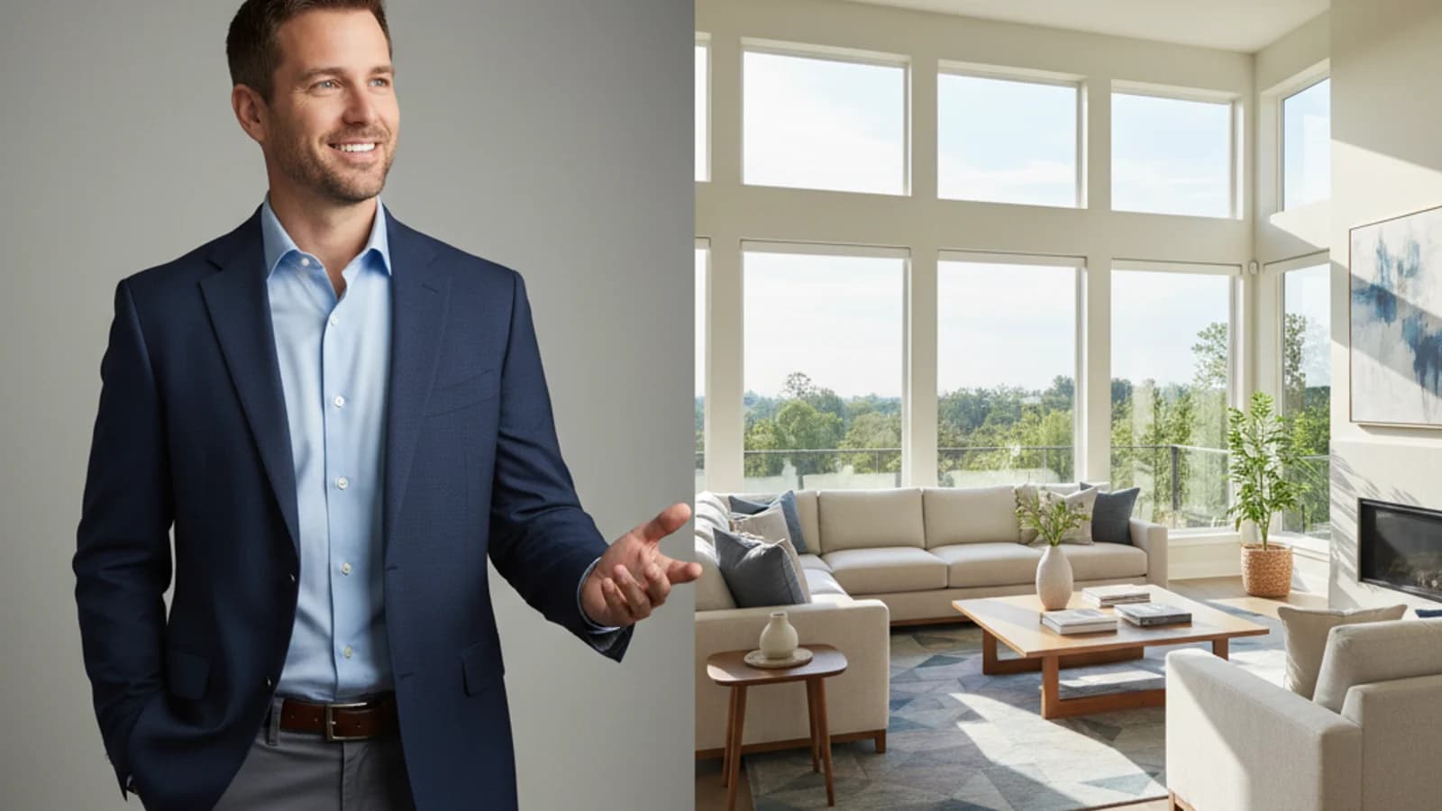 Photorealistic AI presenter avatar hosting a property tour with bright modern living room