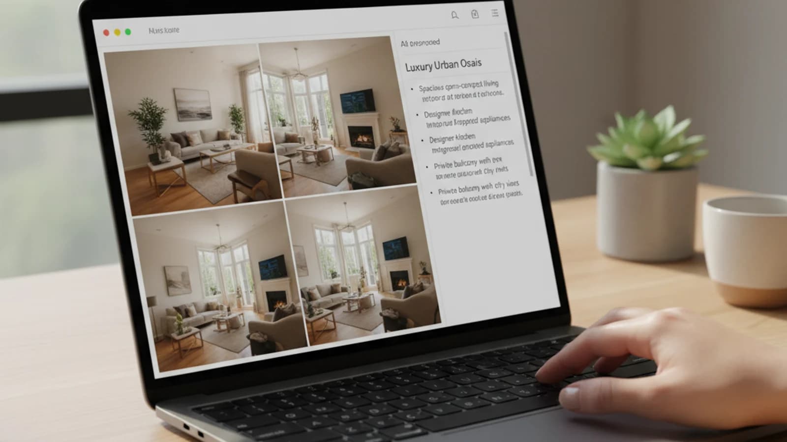 Real estate listing editor on a laptop showing AI-suggested description text next to staged property photos