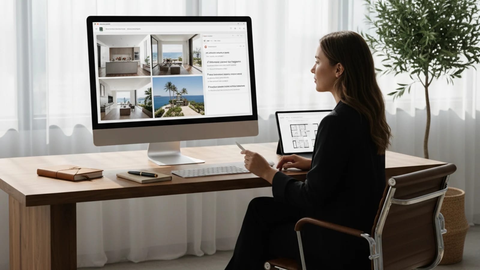 Real estate agent reviewing AI-generated listing description drafts alongside listing photos on a desktop monitor