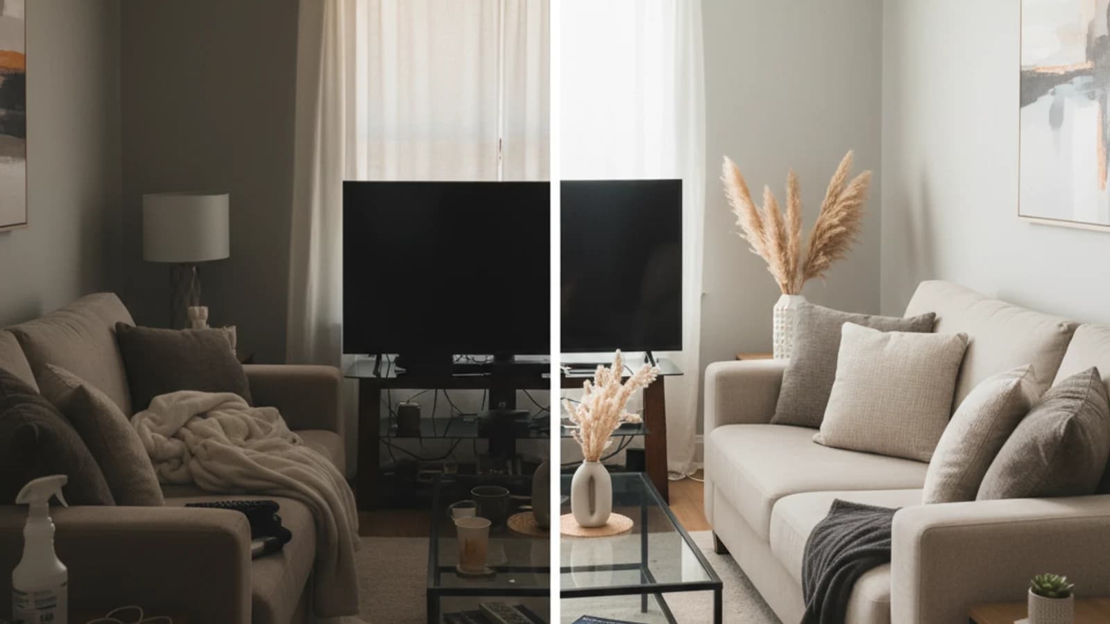 Split composition of a dim cluttered Airbnb living room next to the same room AI-enhanced and decluttered