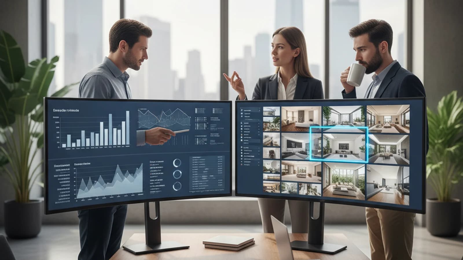 Real estate marketing team reviewing listing presentation strategy on large monitors