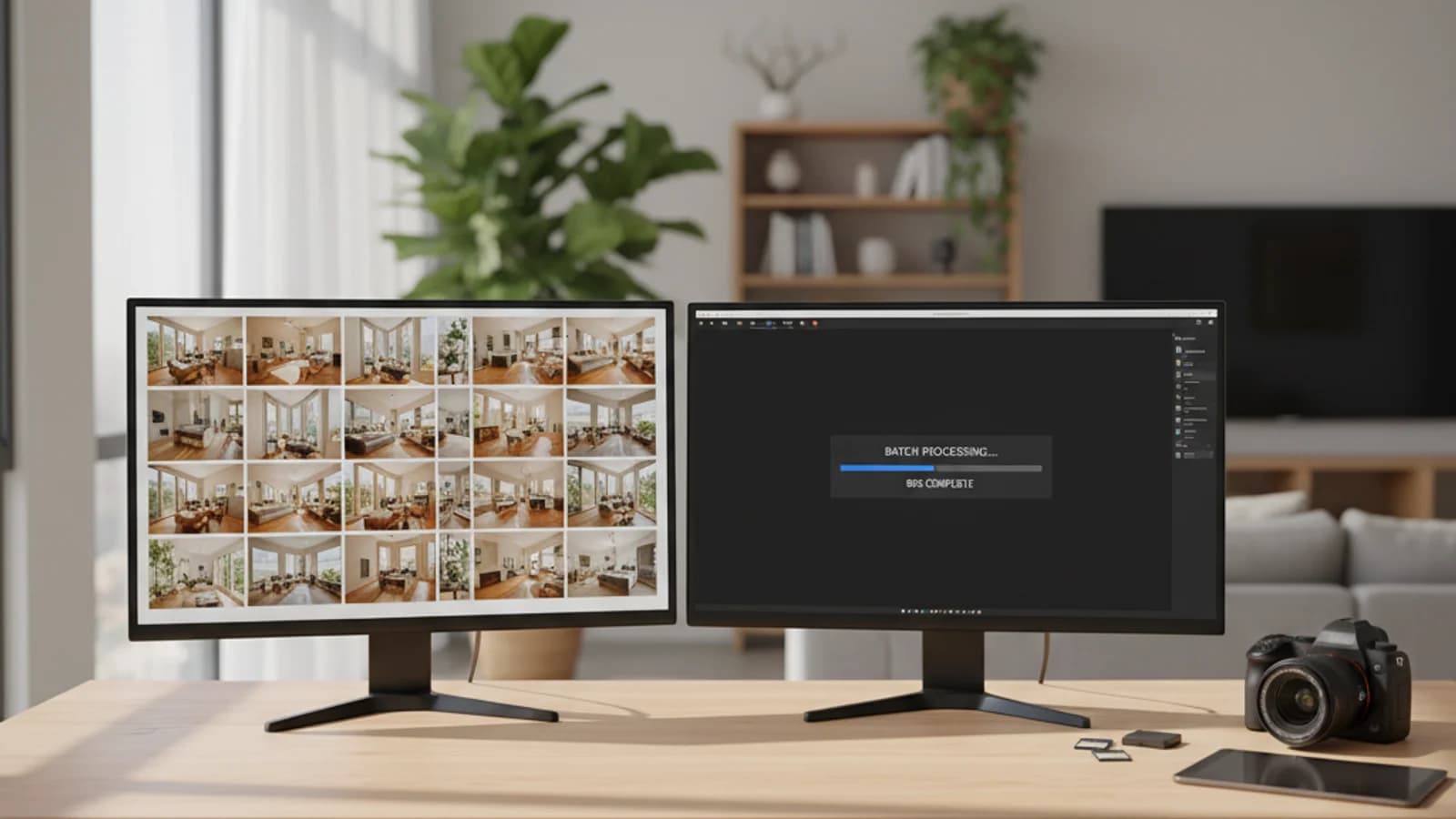 Photographer's editing desk with two monitors showing batch processing of real estate listing photos